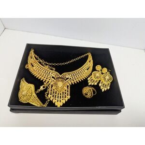New 4Pc 24k Gold Plated Bridal Necklace Earrings Ring Bracelets Jewelry Fashion